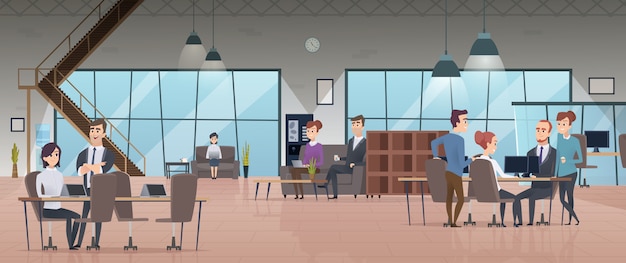 Open office interior. Business people workspace corporate working characters  modern office