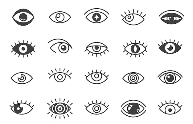 Open ogen symbolen Overzicht menselijk oog optische pictogrammen oogbol wimpers lineaire tekenen visie gezondheid oogheelkunde concept Vector geïsoleerde set