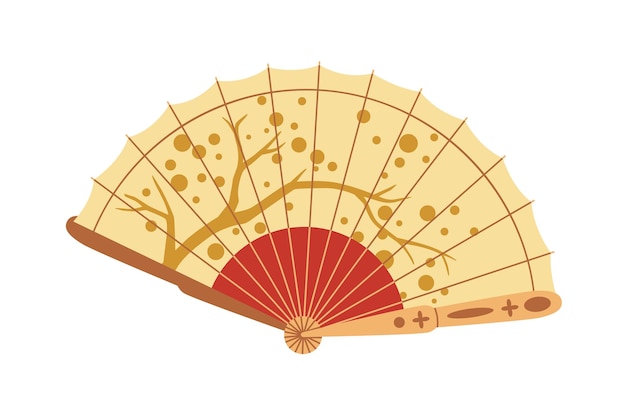 Open opvouwbare handventilator met Japans ornament. Aziatisch buigpapier voor luchtkoeling. Traditioneel oosters handheld-object in Japan. Platte vectorillustratie geïsoleerd op een witte achtergrond