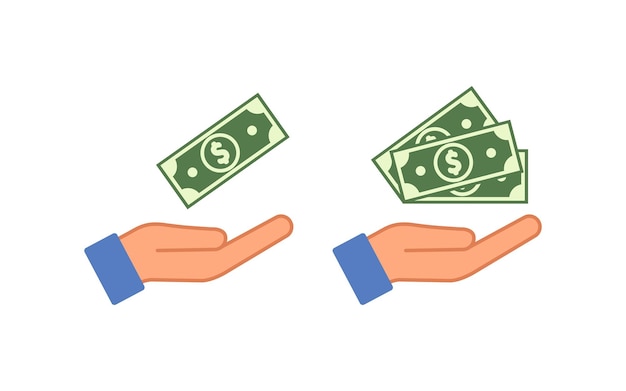 Open palm en dollar pictogram Hand en geld illustratie symbool aanbieding contant geld vector