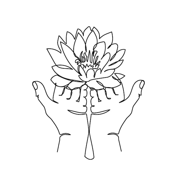 Open palms with lotus one line art Continuous line drawing of gesture  give a gesture and flower