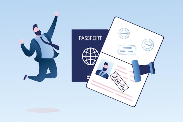 Open passport with stamp accepted happy businessman visa approved document male character jumping