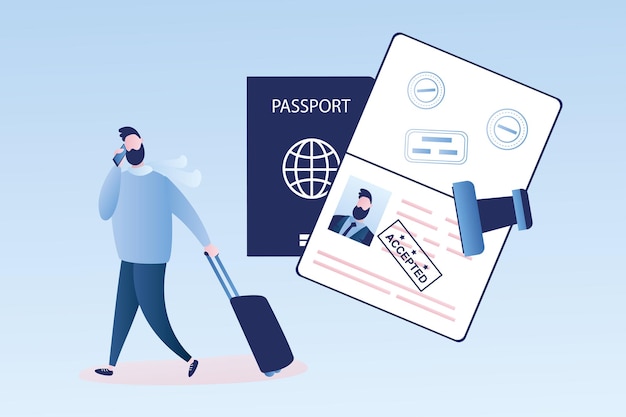 スタンプ付きパスポートを開くと、荷物ベクトルを持つ幸せな旅行者が受け入れられました
