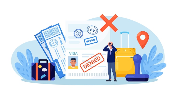 Vector open passport with stamp denied on travel visa luggage frustrated emigrant depressed man upset about refused entry travel abroad rejected international vacation or emigration procedure