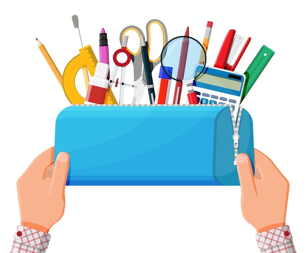 Open pencil case with zipper full of stationery items. Blue bag with supplies. Back to school concept. Pen, ruler, calculator, eraser, scissors, brush, stapler. Cartoon flat vector illustration