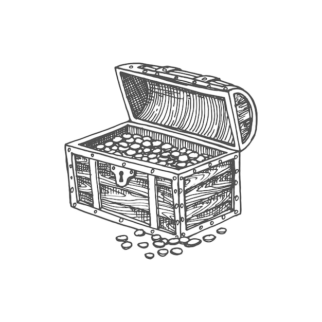 Vector open pirates chest trunk isolated treasures sketch