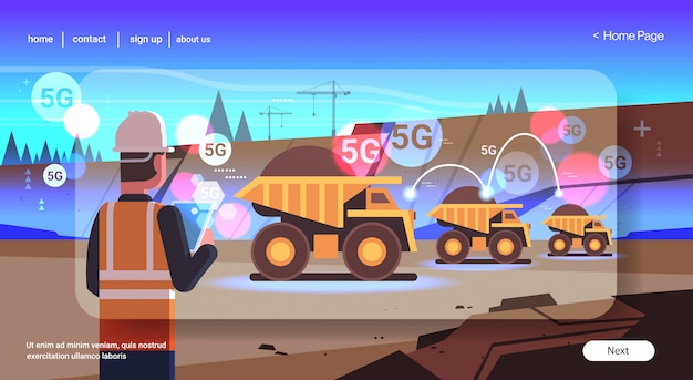 Vector open pit man using tablet controlling dumper trucks 5g online wireless system connection coal mine production opencast stone quarry background rear view portrait horizontal