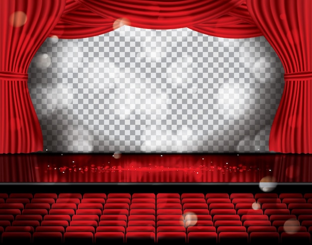 Open Red Curtains with Seats and Copy Space on Transparent Grid. Theater, Opera or Cinema Scene. Light on a Floor.