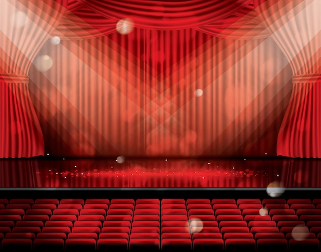 Open Red Curtains with Seats and Copy Space.