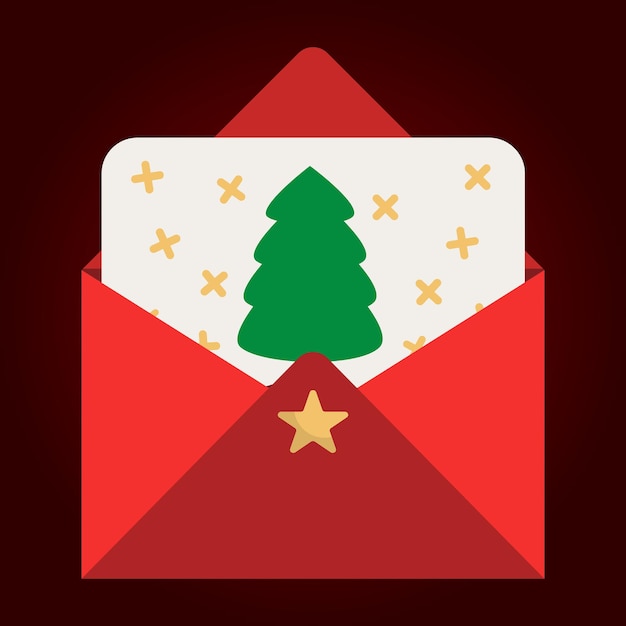 Open red envelope with christmas tree and snowflakes vector illustration