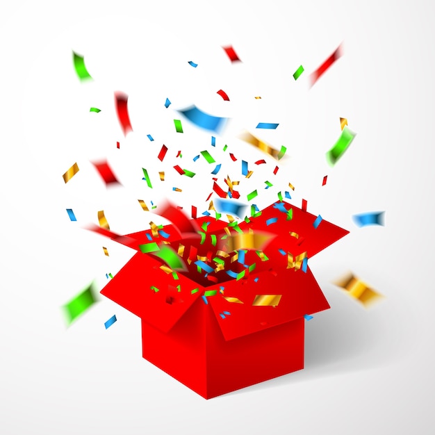 Open red gift box and confetti.