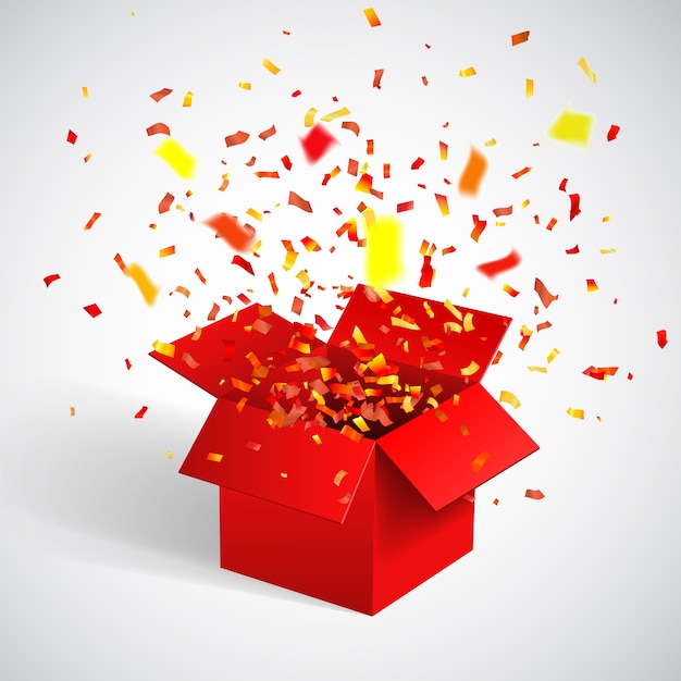 Vector open red gift box and confetti.