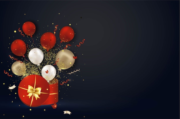 Open red gift box with surprise confetti explosion, air balloons, serpentine, lights.