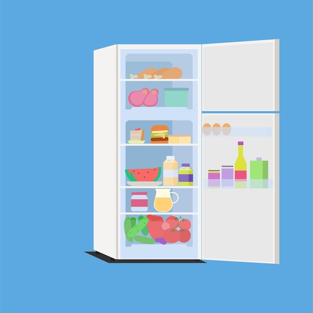 Un frigorifero aperto con alimenti sullo sportello e lo sportello inferiore aperto.
