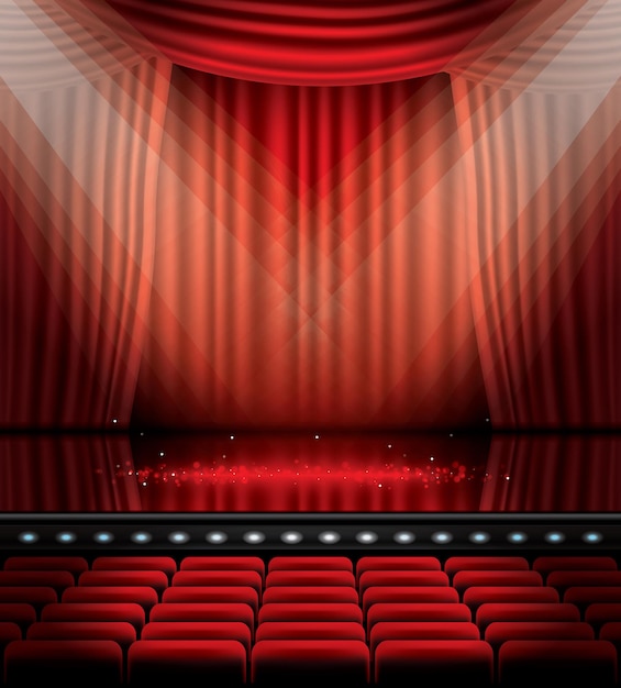 Open rode gordijnen met stoelen en kopieer ruimte. Vectorillustratie. Theater-, opera- of bioscoopscène. Licht op een vloer.