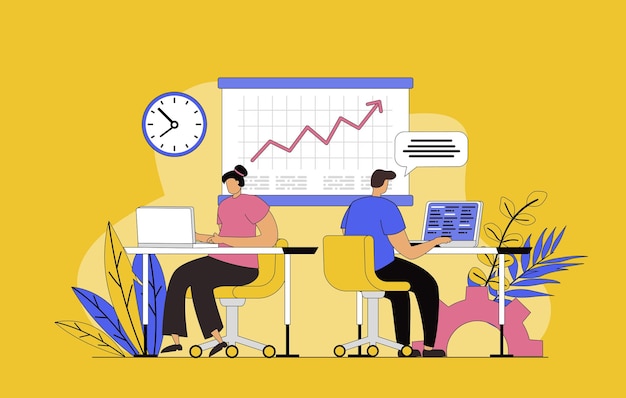 Open ruimte concept met modern plat ontwerp voor het web Man en vrouw werken samen in coworking kantoor freelancers samenwerken en teamwerk bespreken en brainstormen Vector illustratie