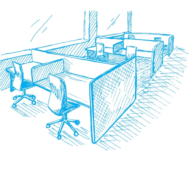 Open ruimte kantoor werkplekken buiten tafels stoelen en ramen vectorillustratie in een schetsstijl