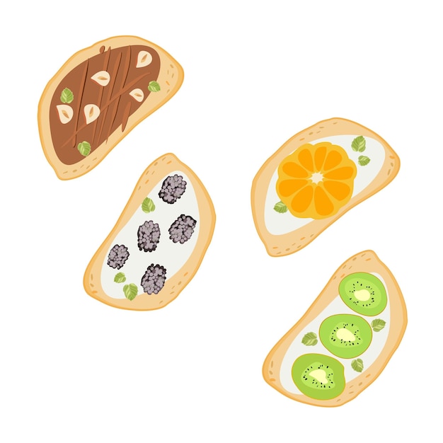 Open sandwich top view with berry banana blueberry and strawberry Vector flat illustration