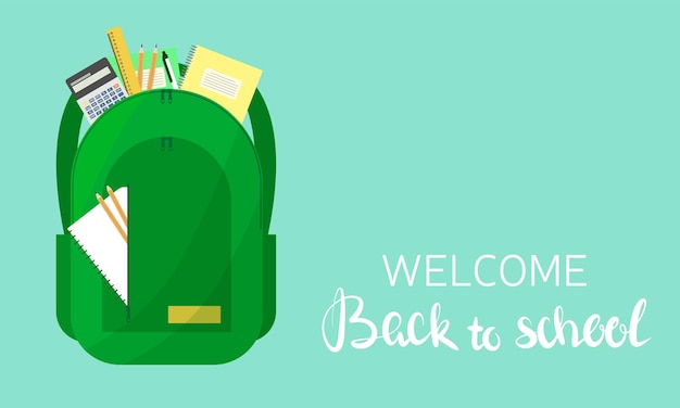 Open school backpack full of stationery with school subject Green backpack on green background