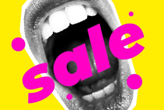 Open Screaming Mouth On A Yellow Background Bright vector collage with universal graphic Elements Geometric Shapes Dotted Halftone Object for your design
