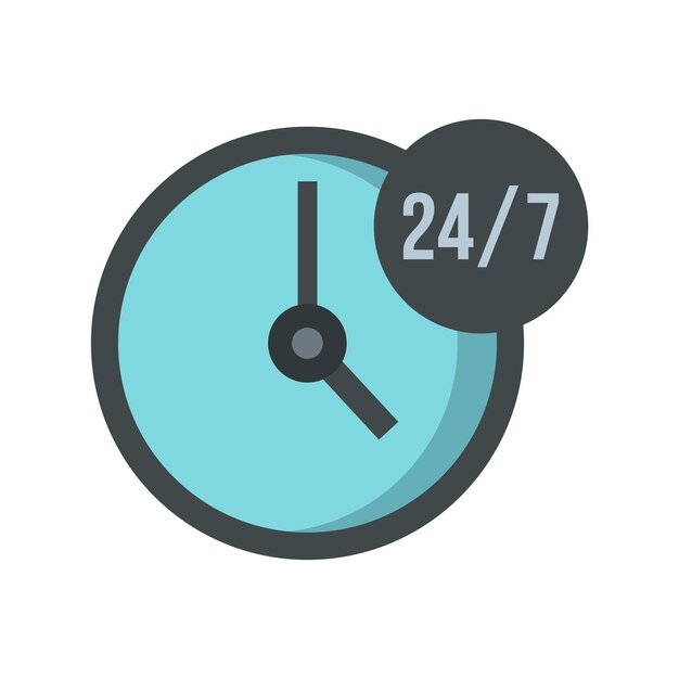하루 24시간, 일주일 7일 24시간 열려 있거나 제공됩니다. 색 배경 터 일러스트에 고립된 평평한 스타일의 아이콘