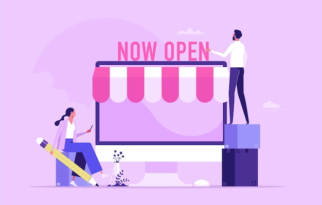 ベクトル オンラインショップを開く 電子商取引店を開く 製品を販売する オンラインショップをインターネットで構築する コンセプト