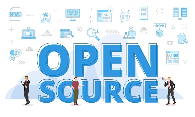 Open source concept with big words and people surrounded by related icon with blue color style