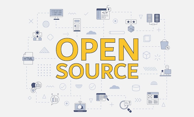 Open source concept with icon set with big word or text on center