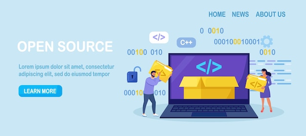 オープン ソース インターネット プラットフォーム用の小さなプログラマー プログラミング ウェブサイト オープン コードまたはソフトウェア スクリプトを作成する開発者 コンピューター用のフリー ソフトウェア ファイルを無料でダウンロードしてインストールする