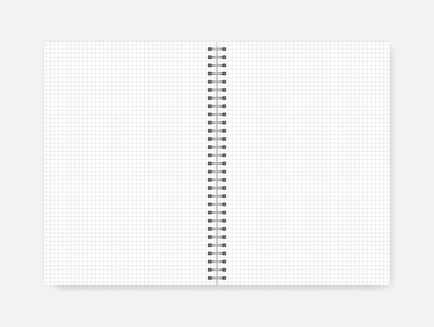 Open spiral graph ruled notebook mockup Wire bound white unfolded A4 notepad with squared sheets