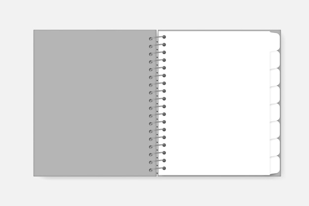 Open spiral notebook with tab divider pages mockup. White blank wire bound diary template