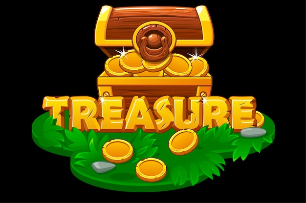 An open treasure chest on an isometric grass platform. Wooden chest with gold coins on the island for the game.