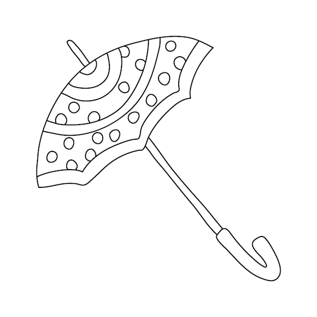 Open umbrella decorated with polka dots in doodle style Isolated black outline