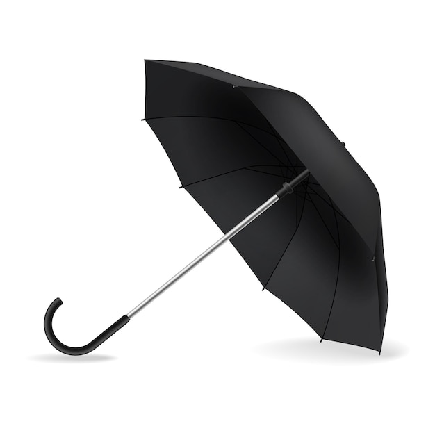 Open umbrella realistic black mockup side view weather object on ground with shadow rain protect parasol for branding advertise and presentation single vector isolated on white background element