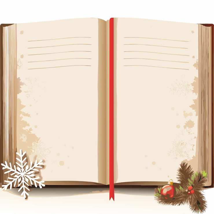 Vector open vintage book with red bookmark and christmas decor
