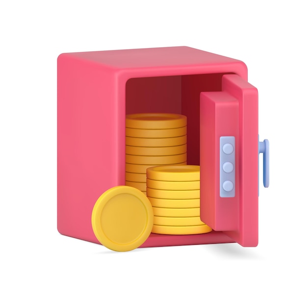Vector open volumetric safe with gold coins pink armored vault with columns of circles made precious metal