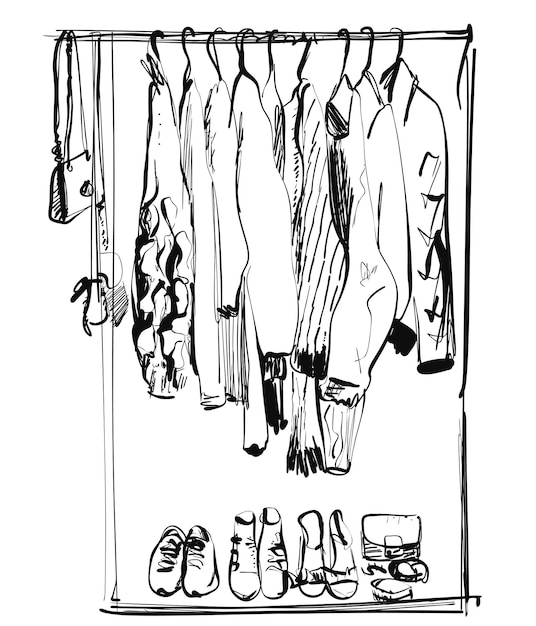 Open wardrobe with clothes and foots on shelves and hangers Vector illustration of a sketch style