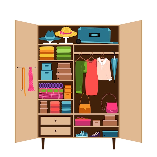 Открытый шкаф с аккуратно разложенной на полках одеждой Порядок в шкафу Вещи в шкафу на вешалках Разумное потребление загромождение сортировки одежды Плоская векторная иллюстрация