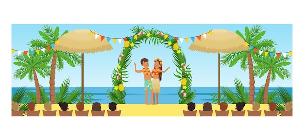 Open Wedding Ceremony on Tropical Beach Resort Happy Newlyweds and their Guests Cartoon Style Vector Illustration