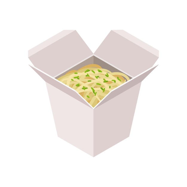 라면과 함께 색 카드보드 상자를 열어 점심 식사에 맛있는 식사 프로모션 플라이어 또는 포스터에 대한 그래픽 요소 다채로운 이소메트릭 일러스트레이션 색 배경에 고립 된 평평한 터 아이콘