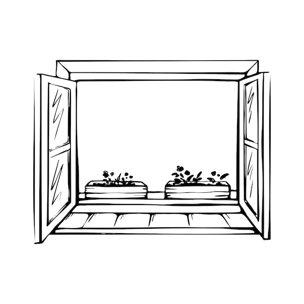 Schizzo di finestra e fiori aperti. interno della stanza dall'interno. illustrazione disegnata a mano di vettore.