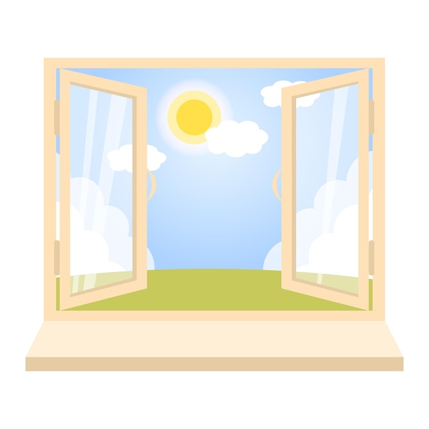 Vector open window with sunny day scene view vector template