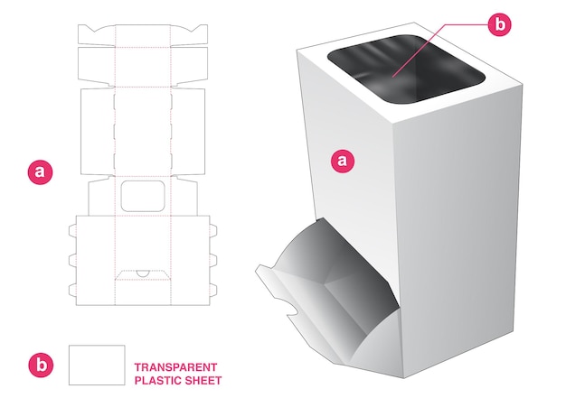 Openable box and top window with transparent plastic sheet die cut template