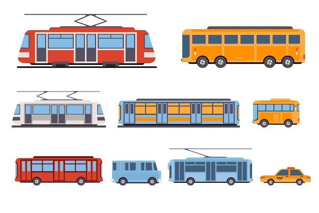 Openbaar stadsvervoer set taxi bus metro tram vector illustraties geïsoleerd op een witte achtergrond
