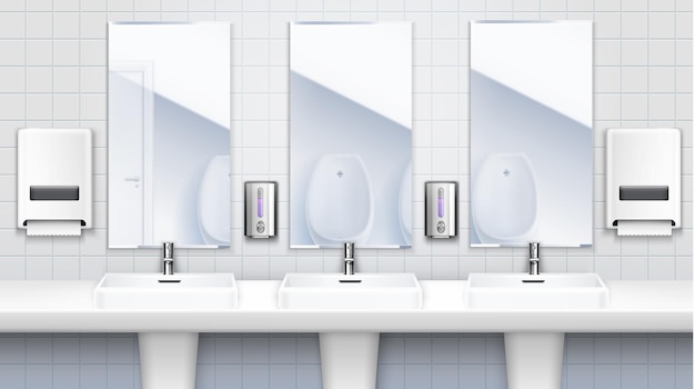 Openbaar toilet interieurconcept met drie drie wastafels met spiegels en wasproducten