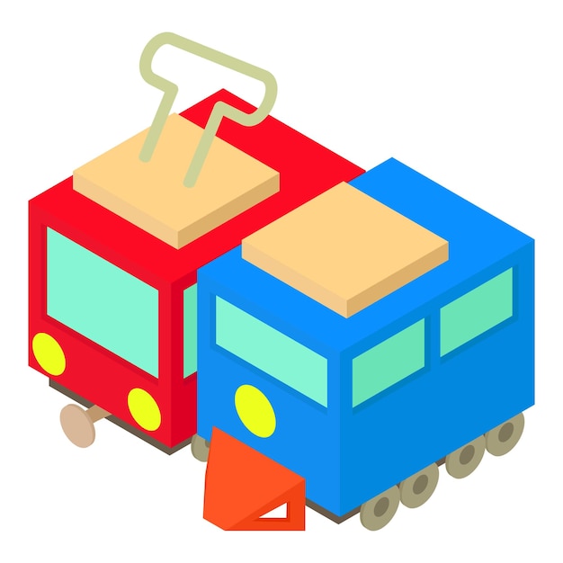 Openbaar vervoer pictogram isometrische vector Helder rode tram en blauwe locomotief pictogram Grond stadsvervoer personenvervoer