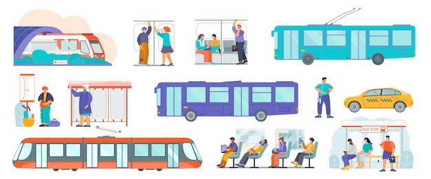 Vector openbaar vervoer platte set met tram bushalte schema trolleybus metro trein taxi passagiers geïsoleerde vectorillustratie