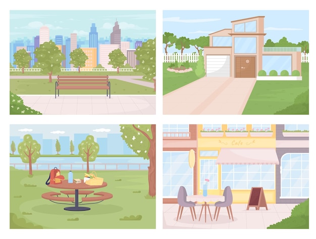 Openbare ruimtes in de stad voor ontspanning egale kleur vector illustratie set