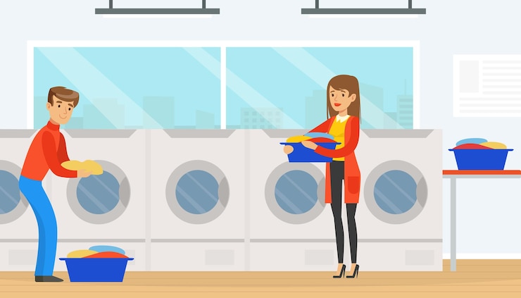 Vector openbare wasserette met wasmachines voor bezoekers van de wasserette die kleren laden voor