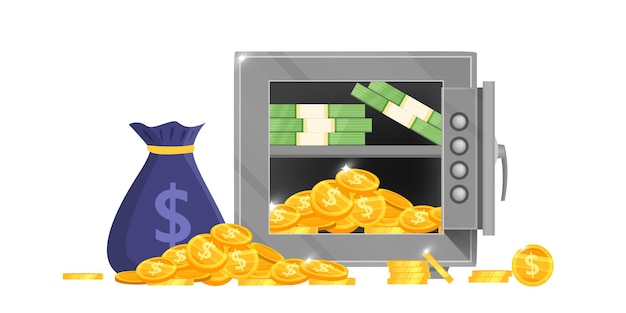 Opened bank safe box vector illustration with money bag, dollar bills, golden coins, secure lock isolated on white.